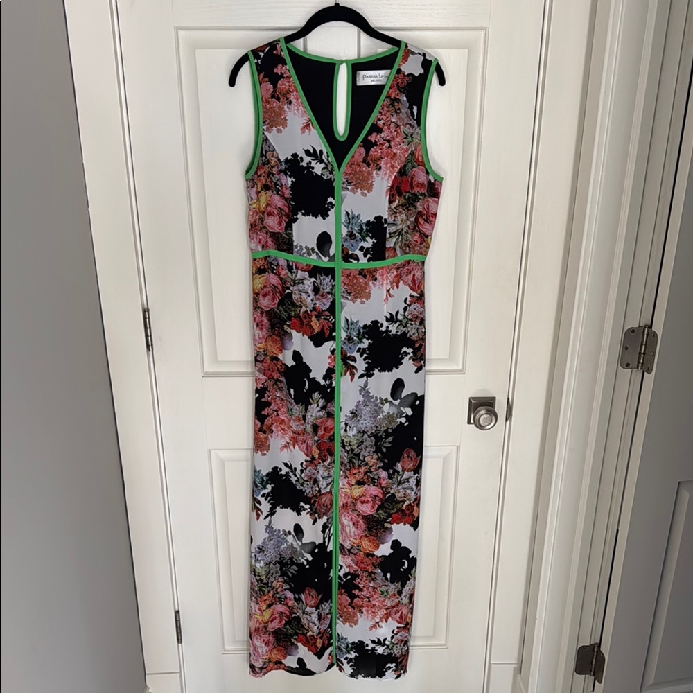 Patrizia Luca Green and Pink Sheath Maxi Dress Sleeveless V-Neck